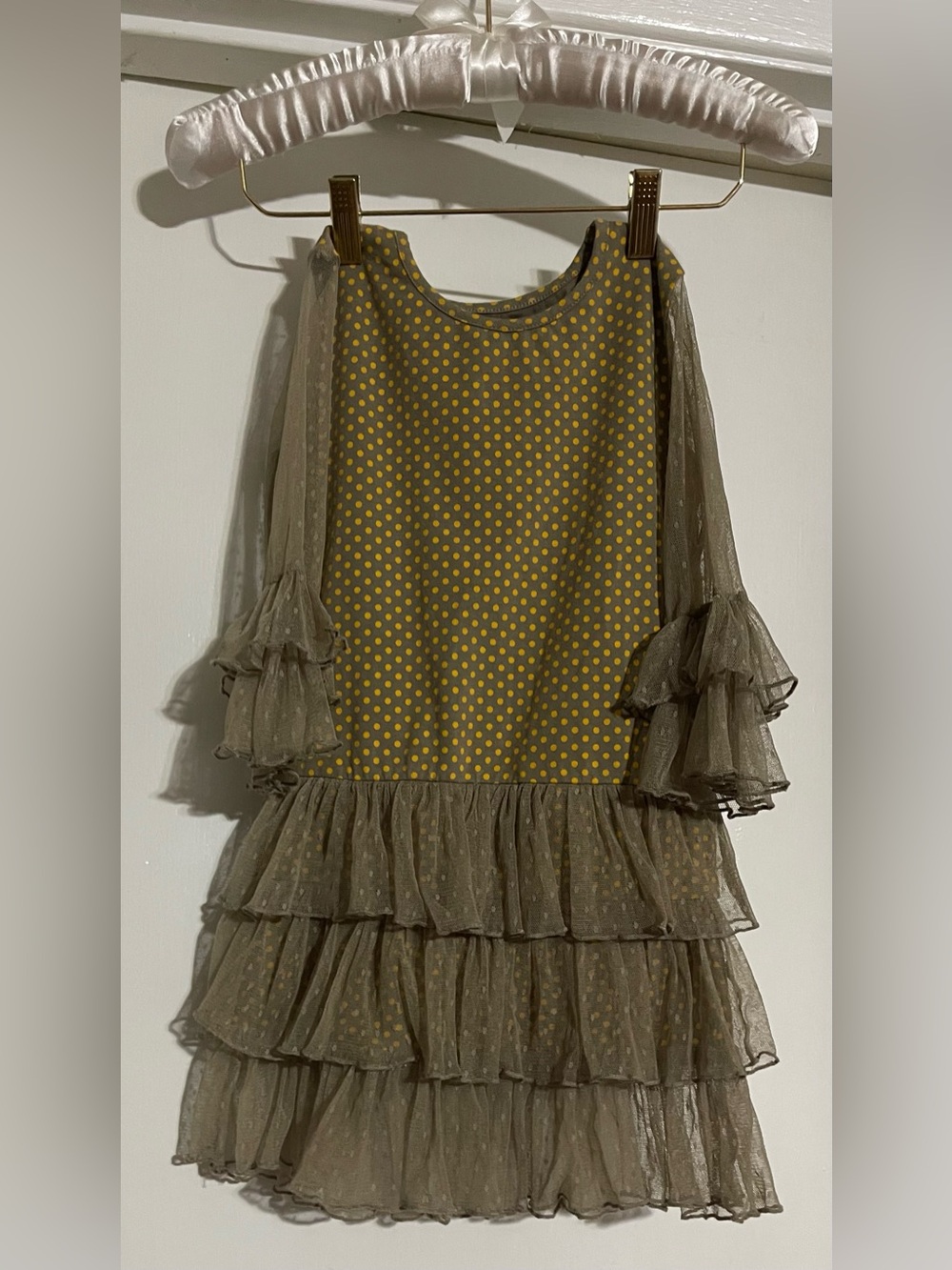 Mustard Pie Olive Green Dress with Yellow Polka Dots Sheer Sleeves Girls 6X